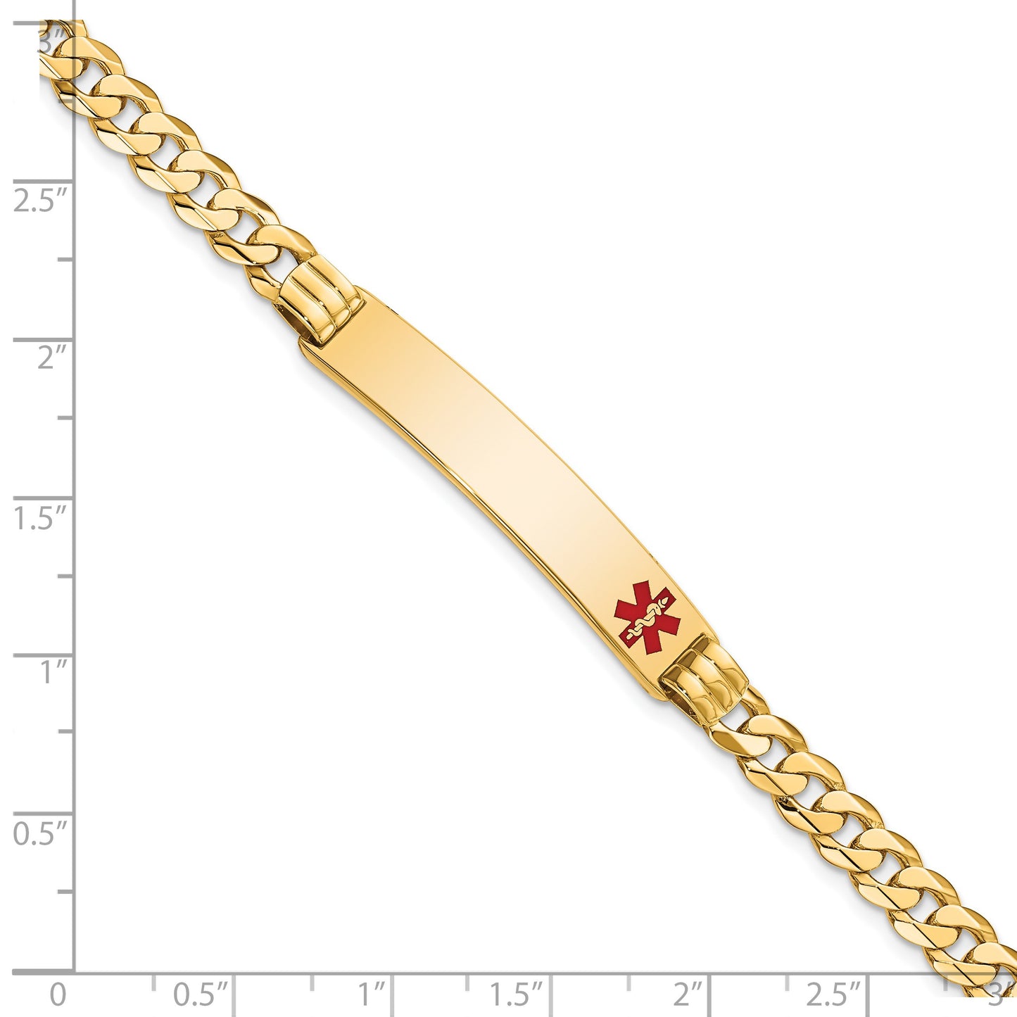 14K Medical Solid Chain/Solid Plate 38x8mm Off-Center Red Enamel Curb Link 8 inch ID Bracelet
