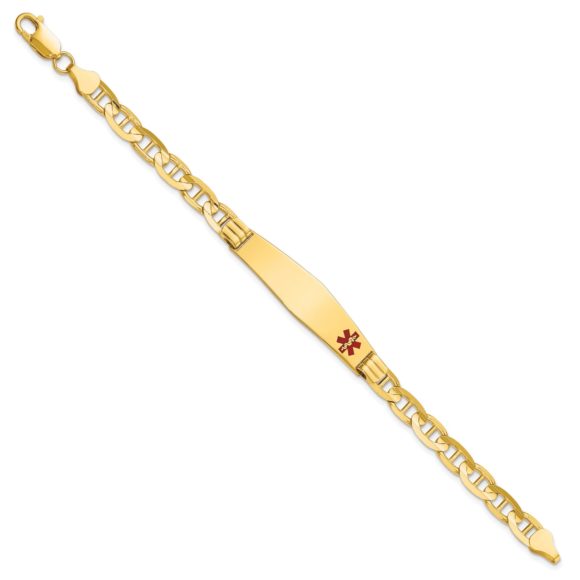 14K Medical Solid Chain/Solid Plate Soft Diamond Shape 38x9mm Off-Center Red Enamel Anchor Link 8 inch ID Bracelet