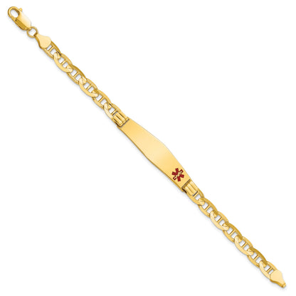 14K Medical Solid Chain/Solid Plate Soft Diamond Shape 38x9mm Off-Center Red Enamel Anchor Link 8 inch ID Bracelet