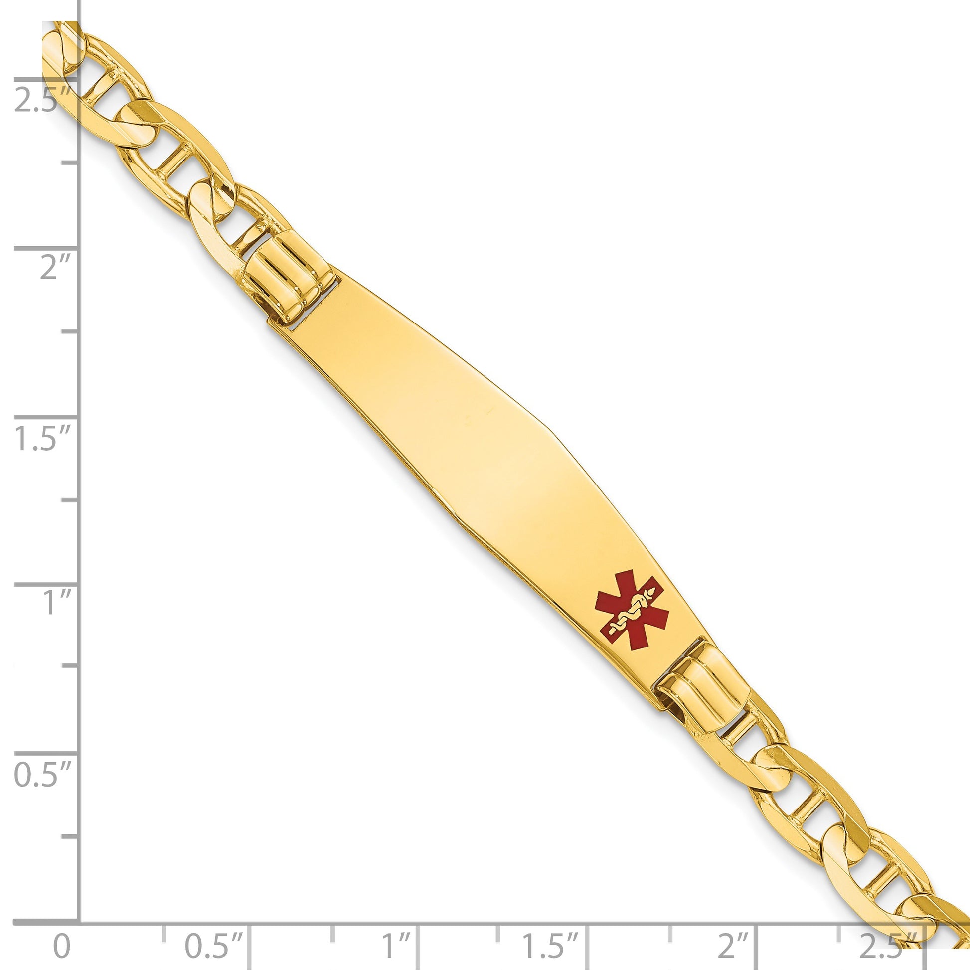 14K Medical Solid Chain/Solid Plate Soft Diamond Shape 38x9mm Off-Center Red Enamel Anchor Link 8 inch ID Bracelet