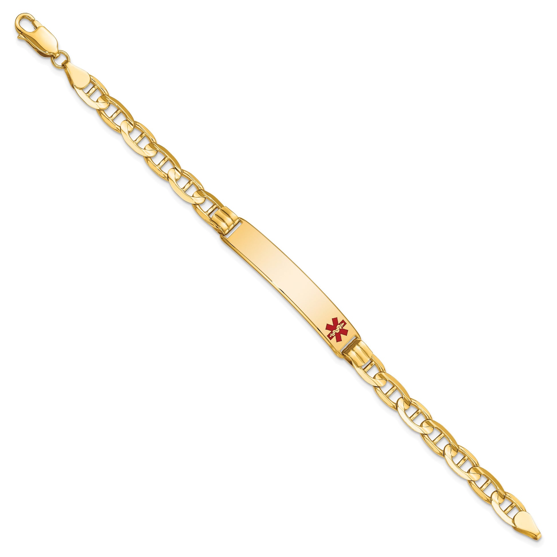 14K Medical Solid Chain/Solid Plate 38x8mm Off-Center Red Enamel Anchor Link 8 inch ID Bracelet