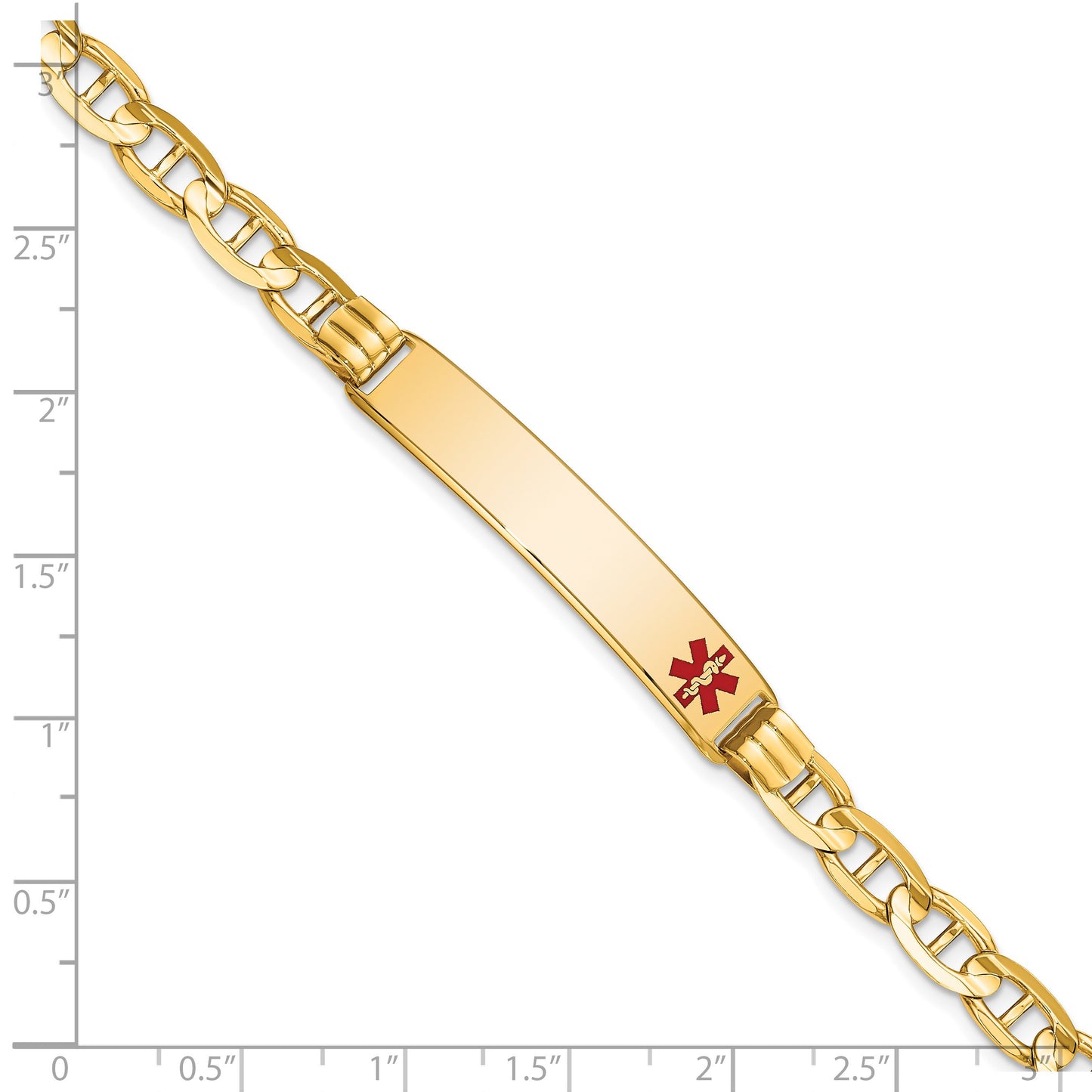 14K Medical Solid Chain/Solid Plate 38x8mm Off-Center Red Enamel Anchor Link 8 inch ID Bracelet