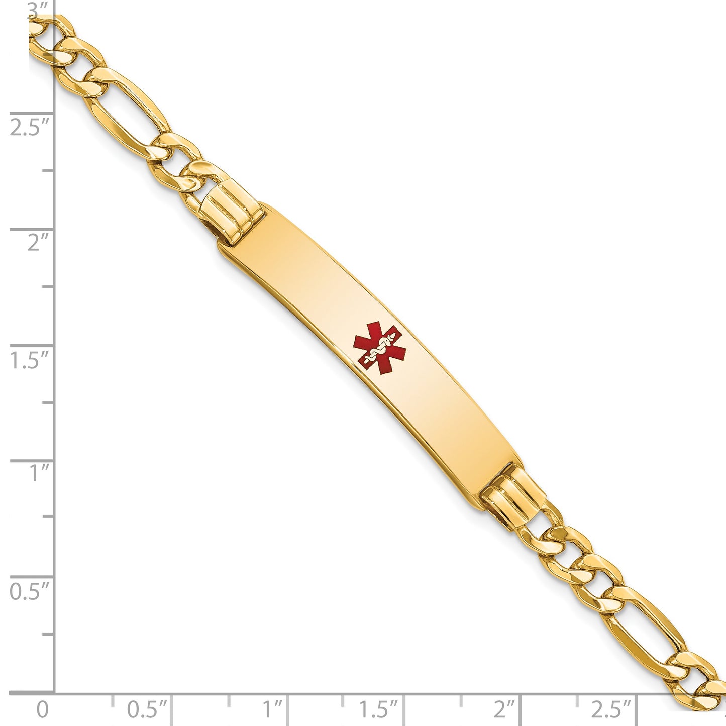 14K Medical Semi-Solid Chain/Solid Plate 38x9mm Centered Red Enamel Figaro Link 7 inch ID Bracelet