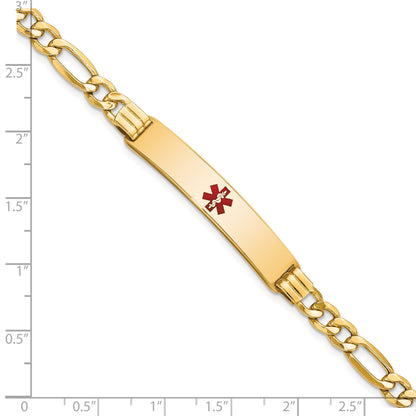 14K Medical Semi-Solid Chain/Solid Plate 38x9mm Centered Red Enamel Figaro Link 7 inch ID Bracelet