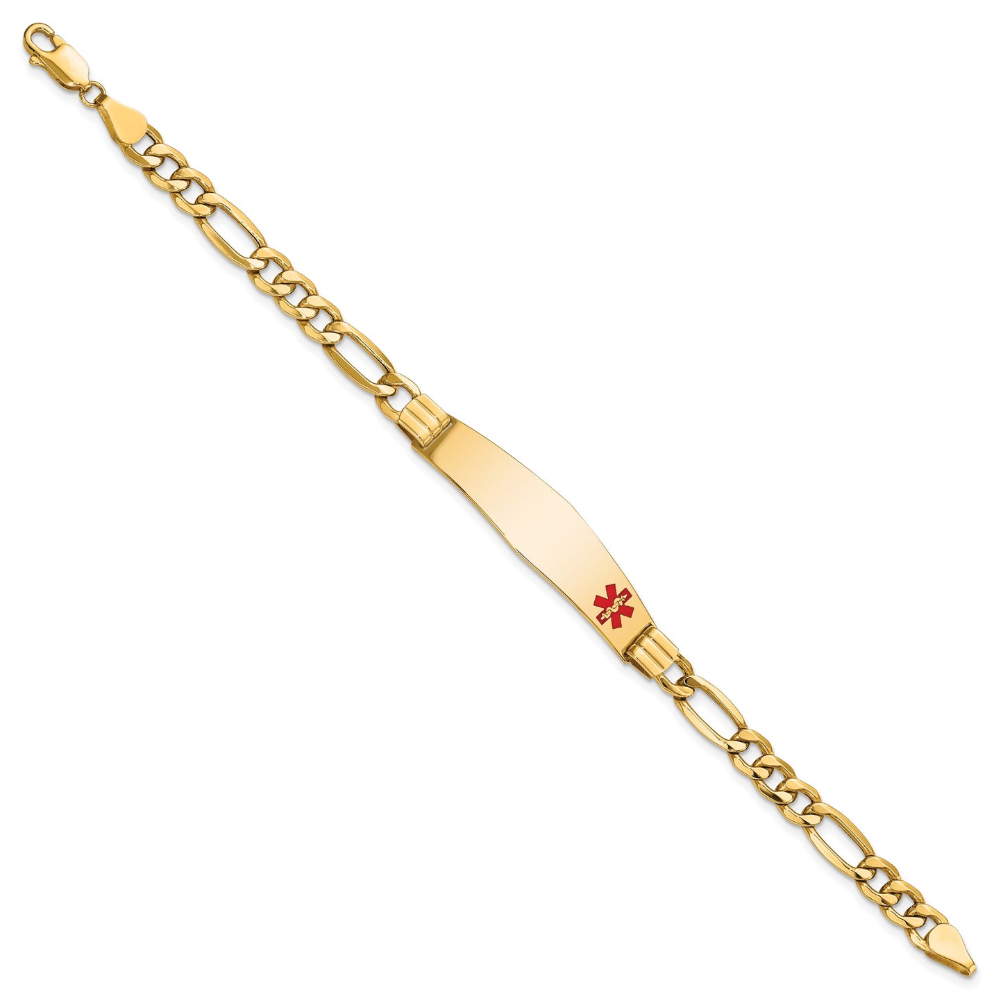 14K Medical Semi-Solid Chain/Solid Plate Soft Diamond Shape 38x9mm Off-Center Red Enamel Figaro Link 8 inch ID Bracelet