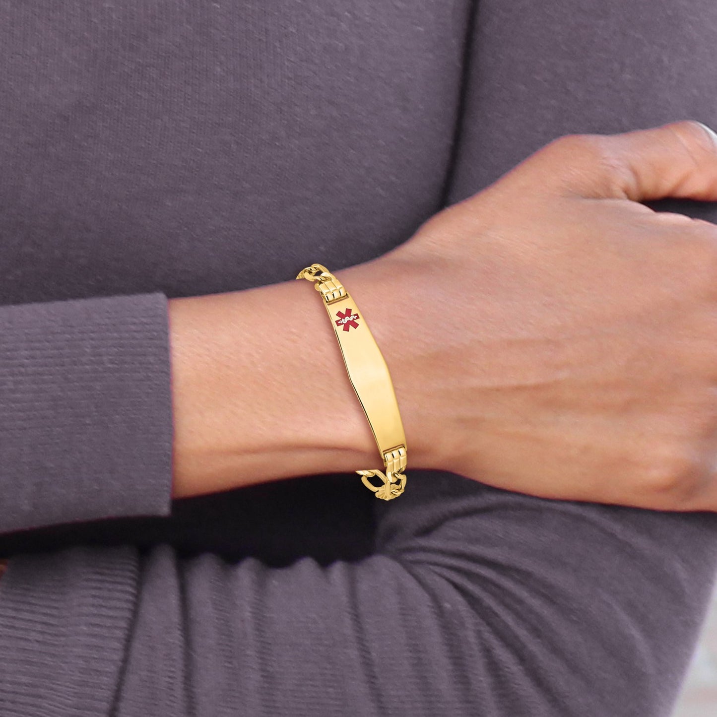 14K Medical Semi-Solid Chain/Solid Plate Soft Diamond Shape 38x9mm Off-Center Red Enamel Figaro Link 8 inch ID Bracelet