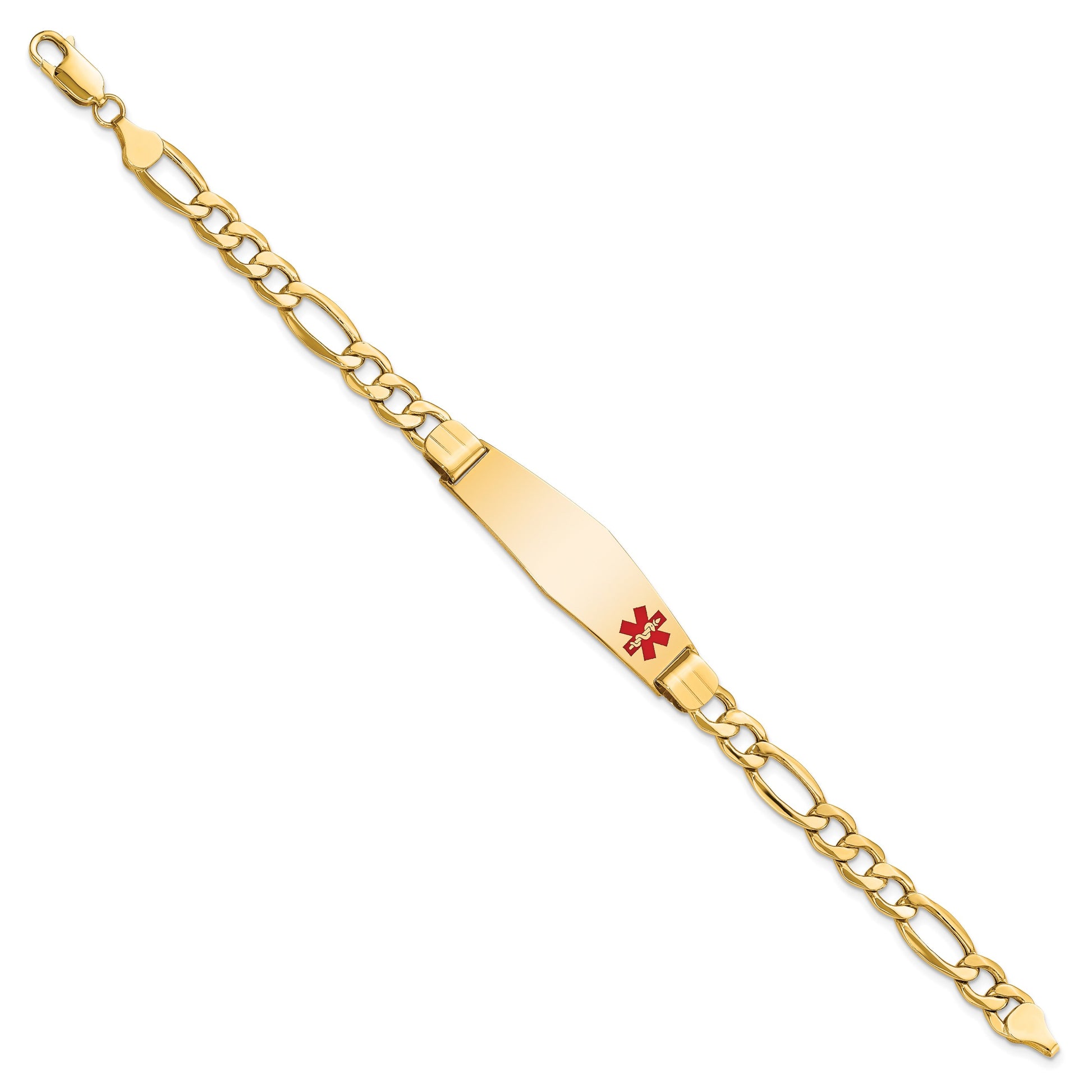 14K Medical Semi-Solid Chain/Solid Plate Soft Diamond Shape 40x12mm Off-Center Red Enamel Figaro Link 8 inch ID Bracelet