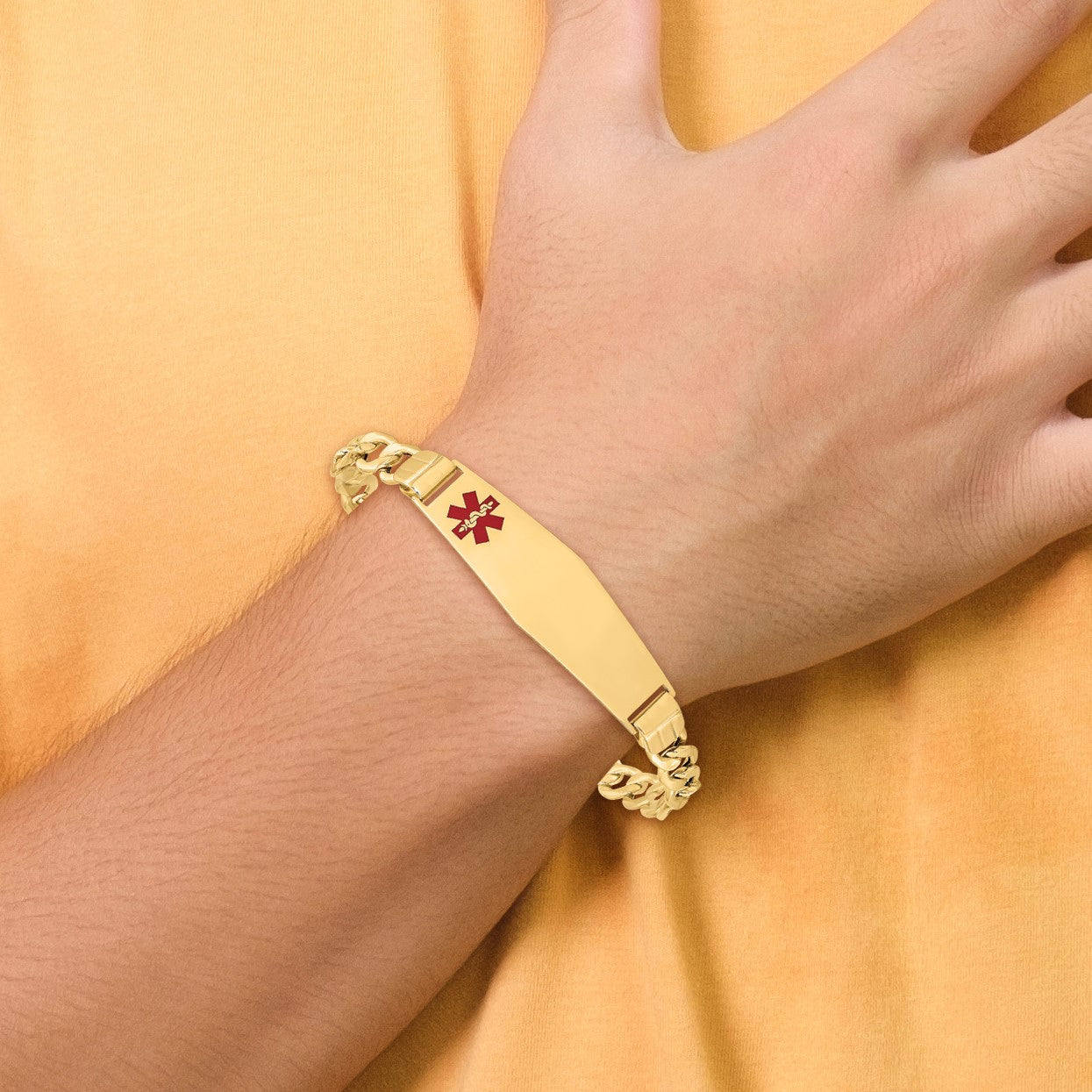 14K Medical Semi-Solid Chain/Solid Plate Soft Diamond Shape 40x12mm Off-Center Red Enamel Figaro Link 8 inch ID Bracelet