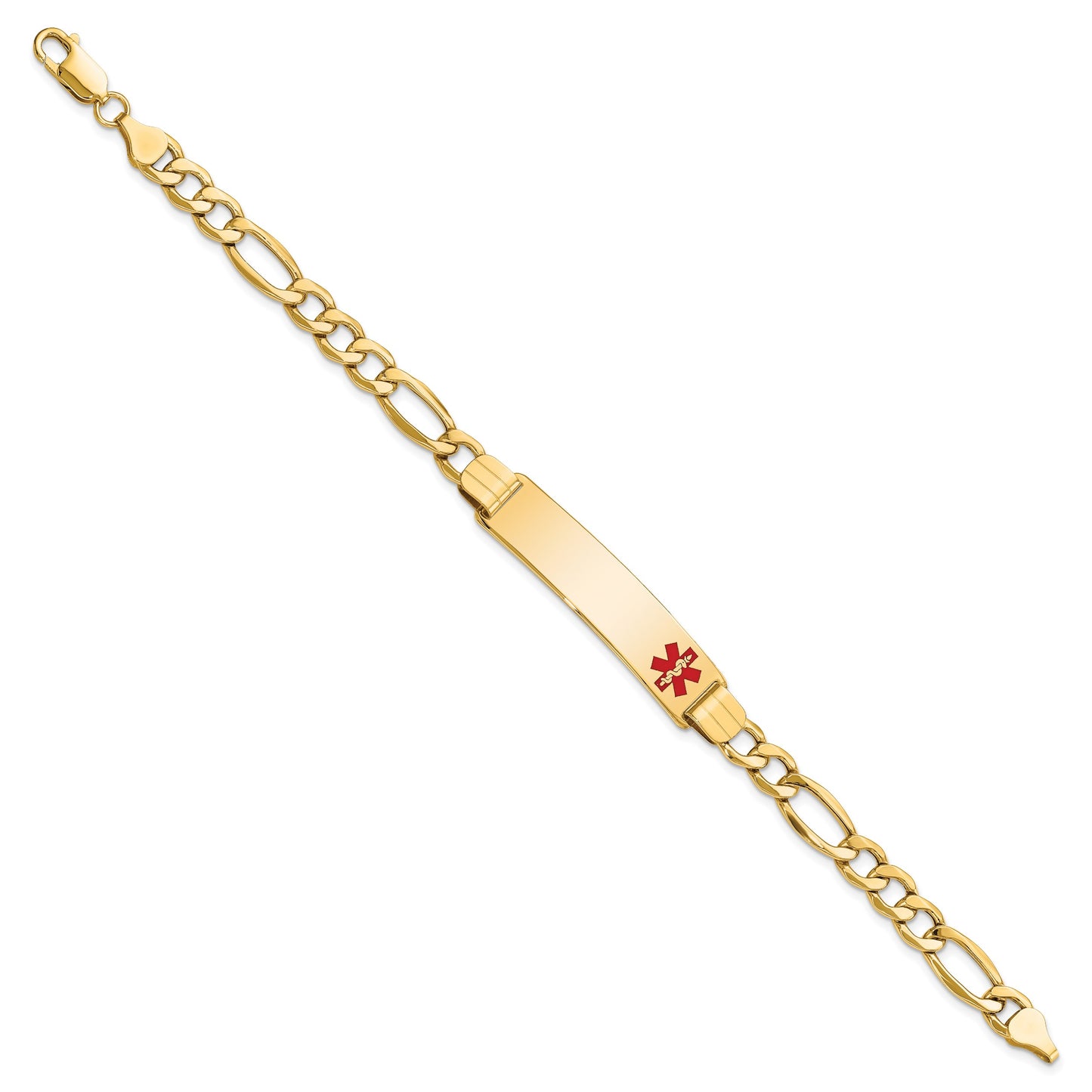 14K Medical Semi-solid Chain/Solid Plate 40x10mm Off-Center Red Enamel Figaro Link 8 inch ID Bracelet