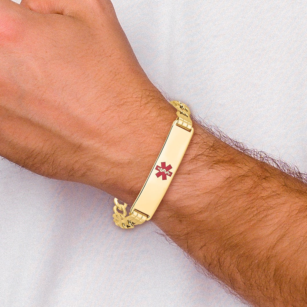 14K Medical Semi-Solid Chain/Solid Plate 40x10mm Centered Red Enamel Curb Link 7 inch ID Bracelet