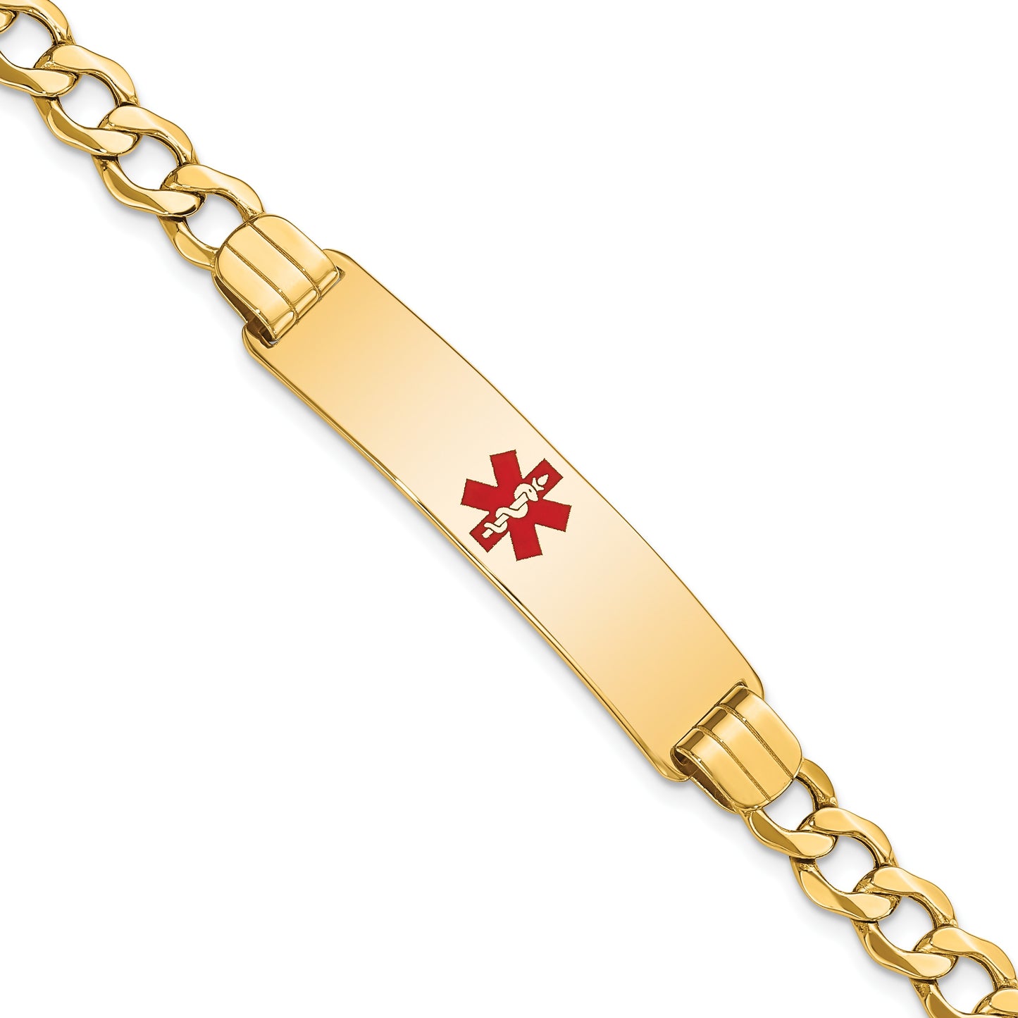 14K Medical Semi-Solid Chain/Solid Plate 40x10mm Centered Red Enamel Curb Link 8 inch ID Bracelet