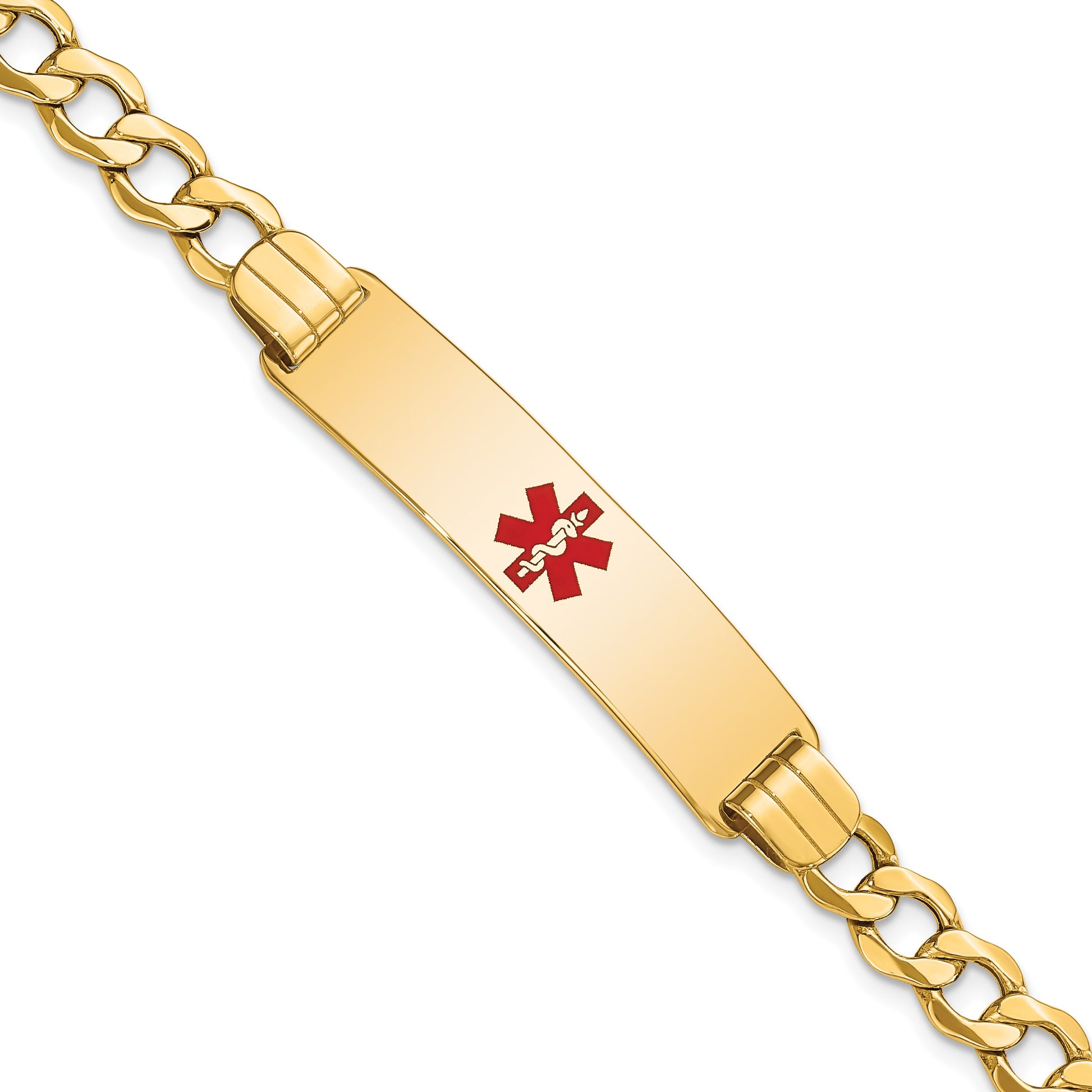 14K Medical Semi-Solid Chain/Solid Plate 40x10mm Centered Red Enamel Curb Link 8 inch ID Bracelet