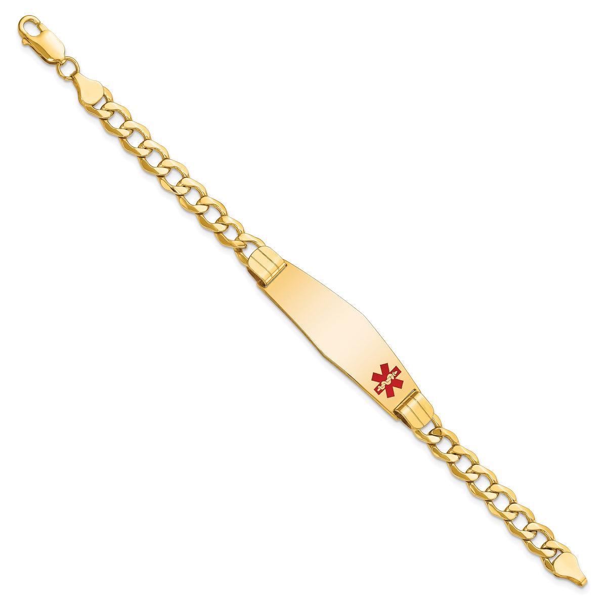 14K Medical Semi-Solid Chain/Solid Plate Soft Diamond Shape 40x12mm Off-Center Red Enamel Curb Link 7 inch ID Bracelet