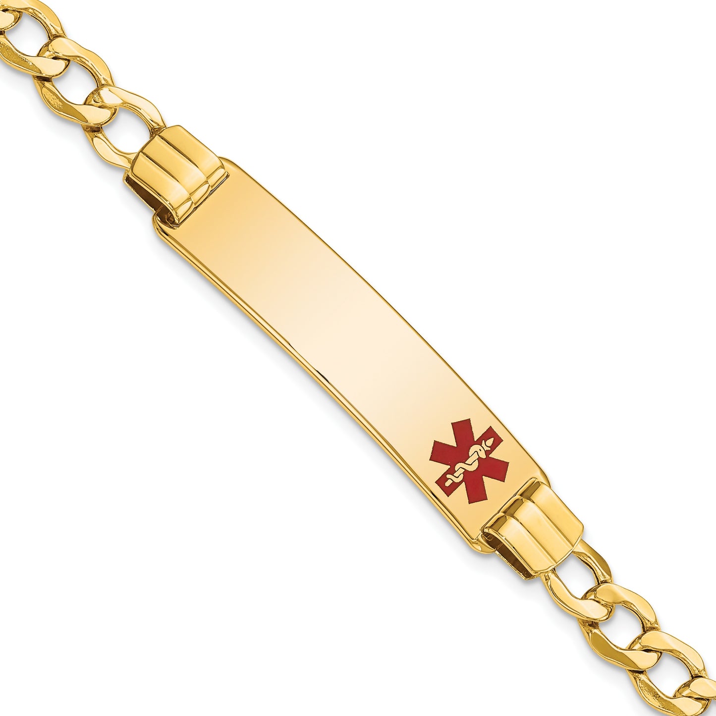 14K Medical Semi-solid Chain/Solid Plate 40x10mm Off-Center Red Enamel Curb Link 8 inch ID Bracelet
