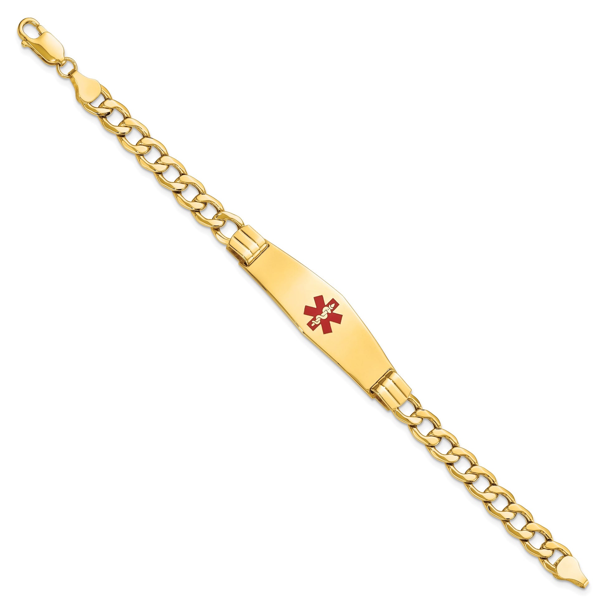 14K Medical Semi-Solid Chain/Solid Plate Soft Diamond Shape 40x12mm Centered Red Enamel Curb Link 8 inch ID Bracelet