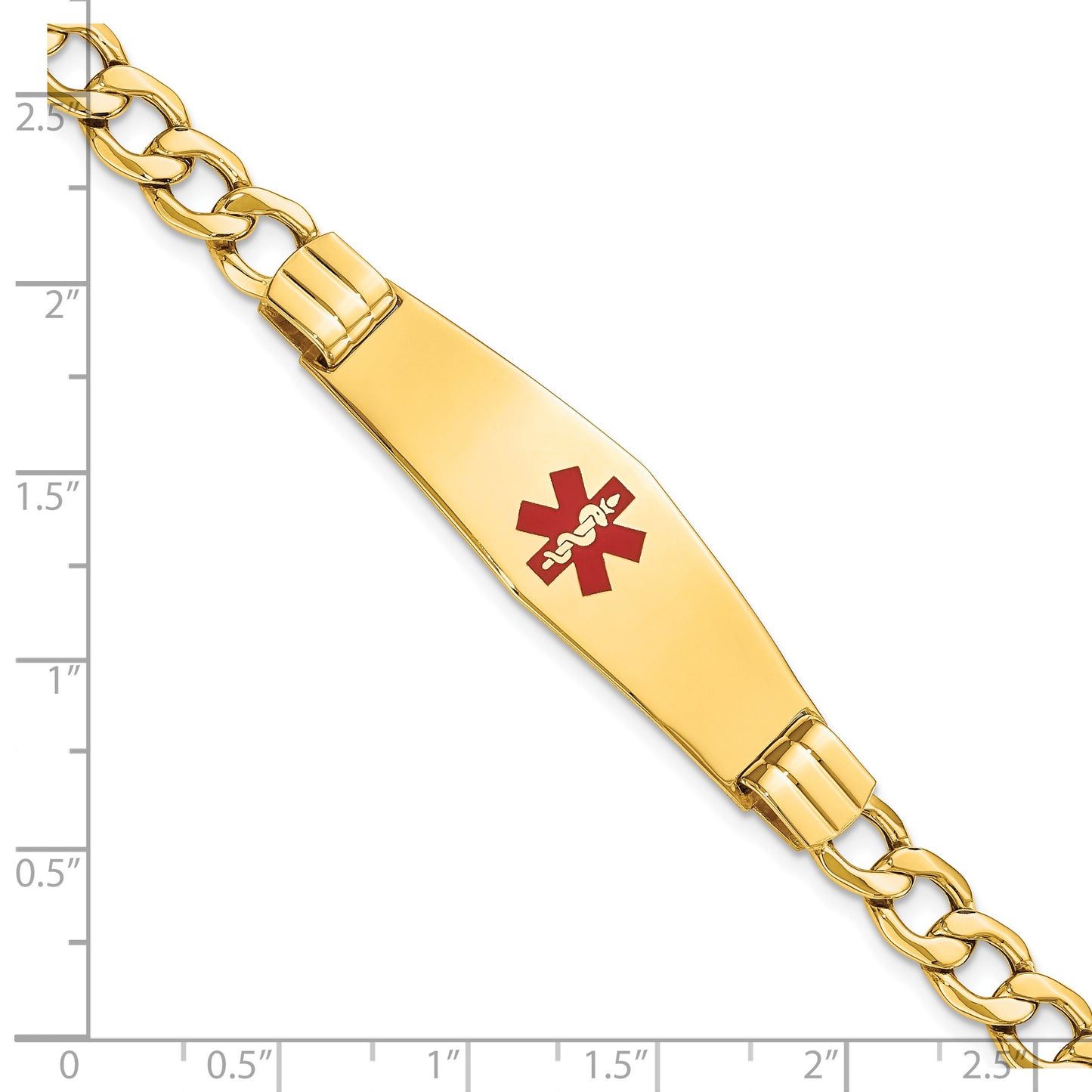 14K Medical Semi-Solid Chain/Solid Plate Soft Diamond Shape 40x12mm Centered Red Enamel Curb Link 8 inch ID Bracelet