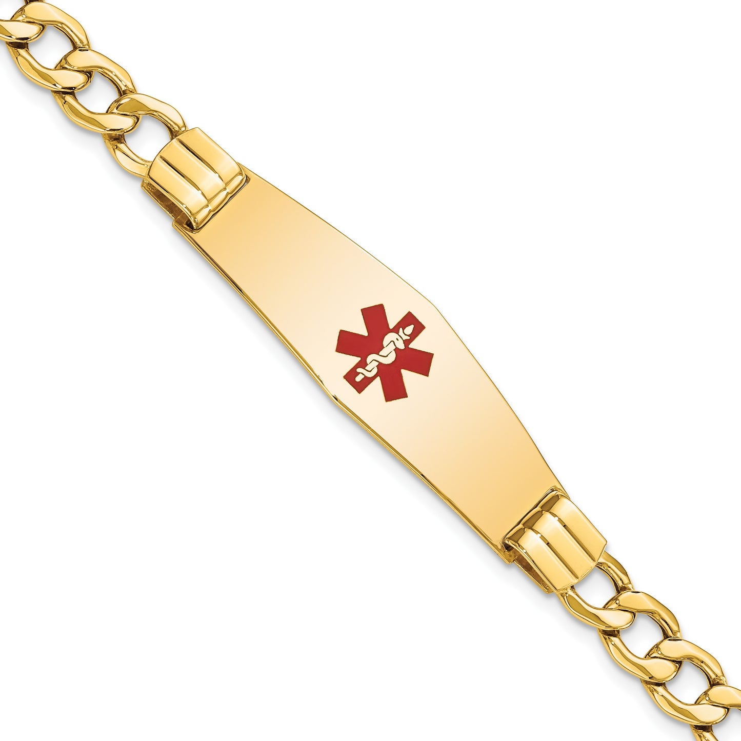 14K Medical Semi-Solid Chain/Solid Plate Soft Diamond Shape 40x12mm Centered Red Enamel Curb Link 8 inch ID Bracelet