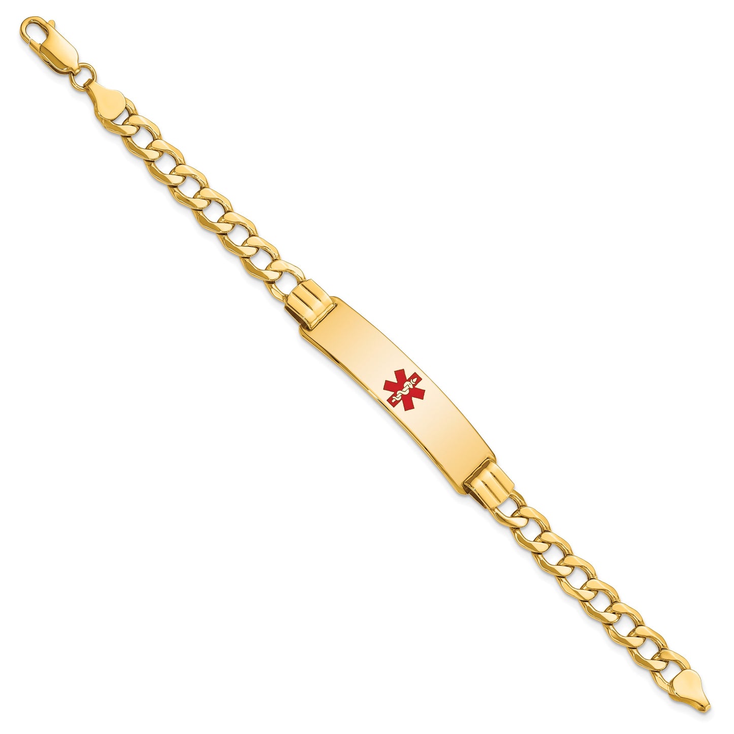 14K Medical Semi-Solid Chain/Solid Plate 40x10mm Centered Red Enamel Curb Link 8 inch ID Bracelet