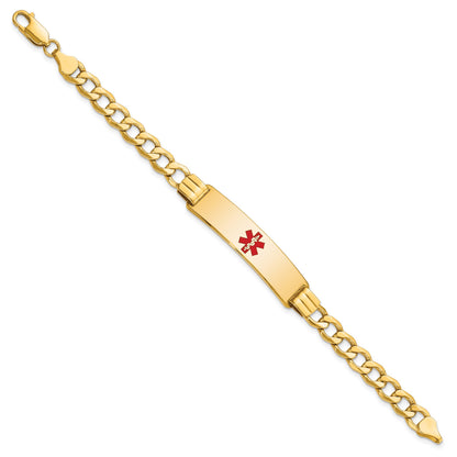 14K Medical Semi-Solid Chain/Solid Plate 40x10mm Centered Red Enamel Curb Link 8 inch ID Bracelet