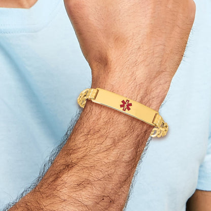 14K Medical Semi-Solid Chain/Solid Plate 40x10mm Centered Red Enamel Curb Link 8 inch ID Bracelet