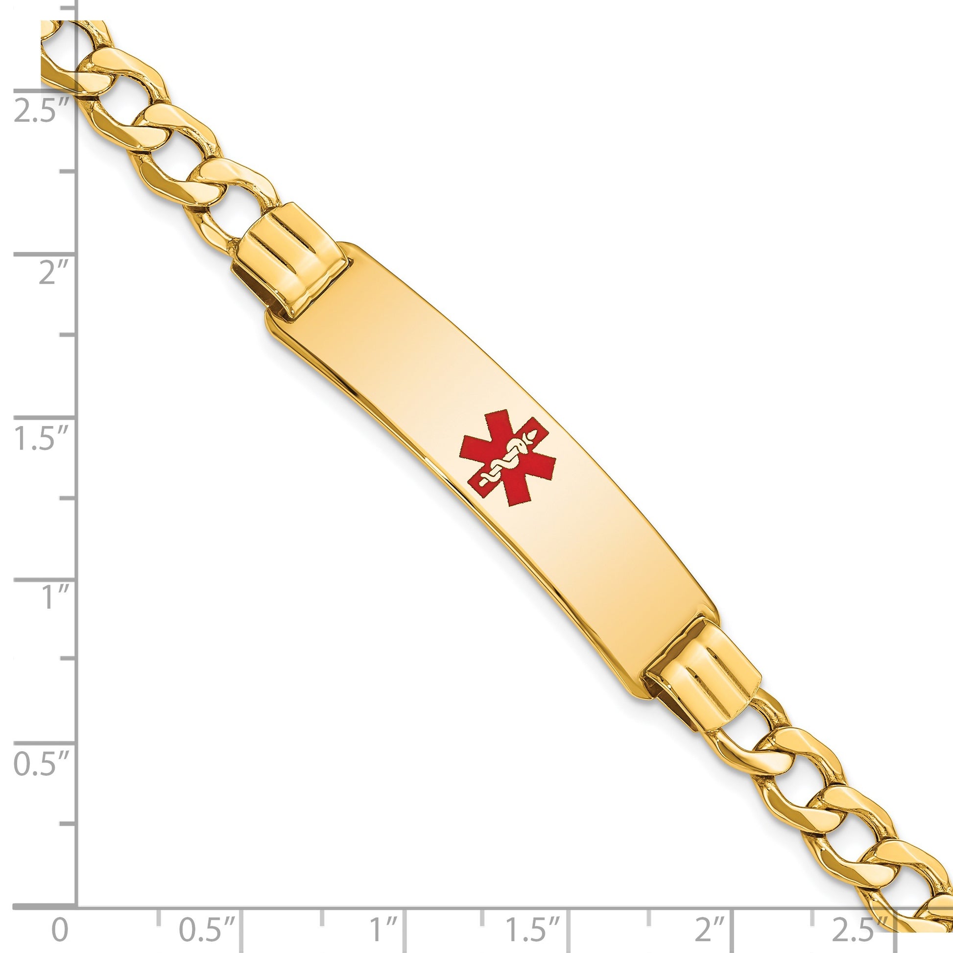 14K Medical Semi-Solid Chain/Solid Plate 40x10mm Centered Red Enamel Curb Link 8 inch ID Bracelet