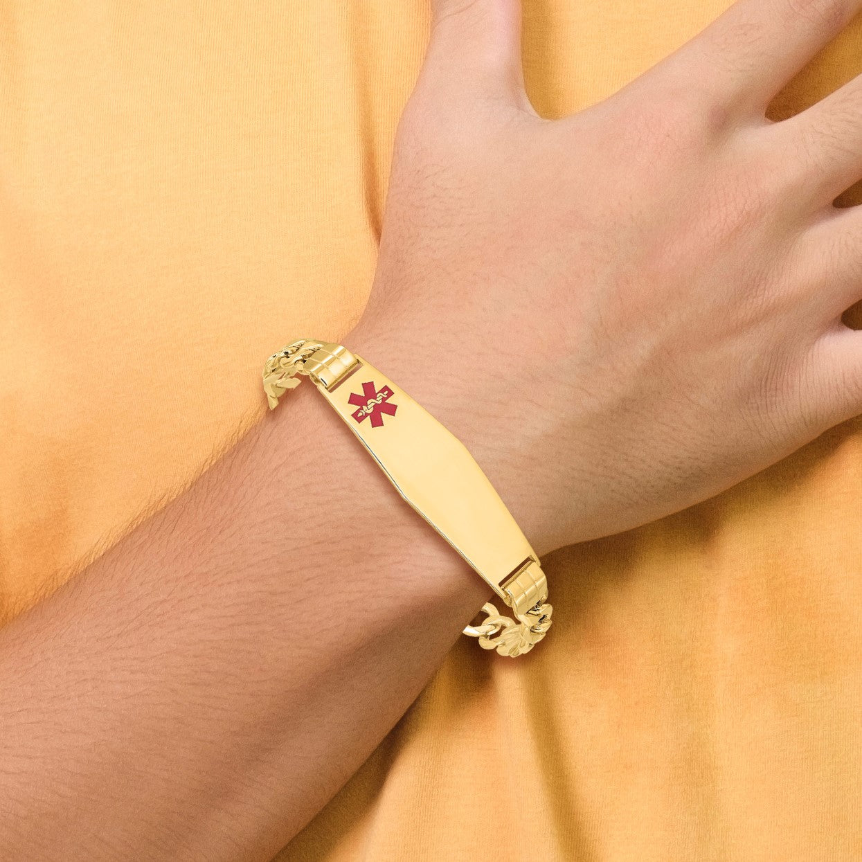 14K Medical Semi-Solid Chain/Solid Plate Soft Diamond Shape 40x12mm Off-Center Red Enamel Curb Link 7 inch ID Bracelet