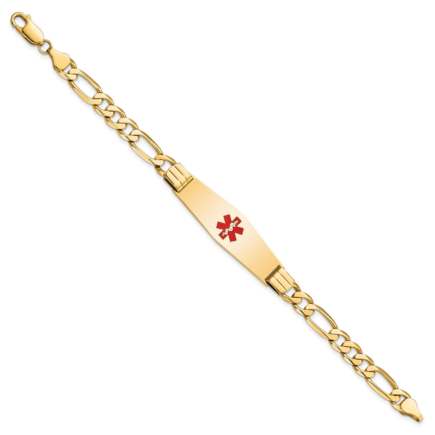 14K Medical Solid Chain/Solid Plate Soft Diamond Shape 40x12mm Centered Red Enamel Flat Figaro Link 8 inch ID Bracelet
