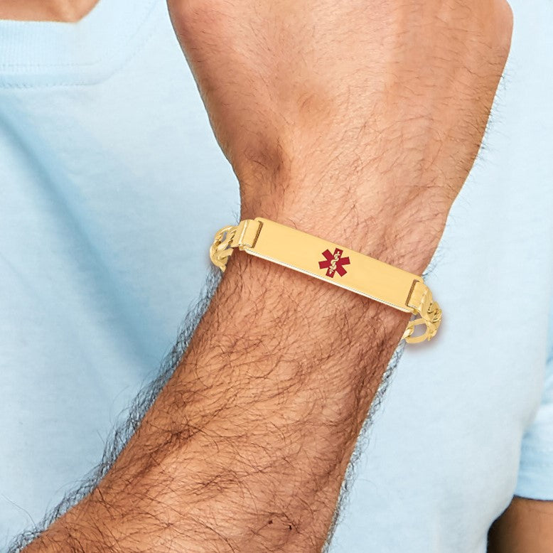 14K Medical Solid Chain/Solid Plate 40x10mm Centered Red Enamel Flat Figaro Link 8 inch ID Bracelet