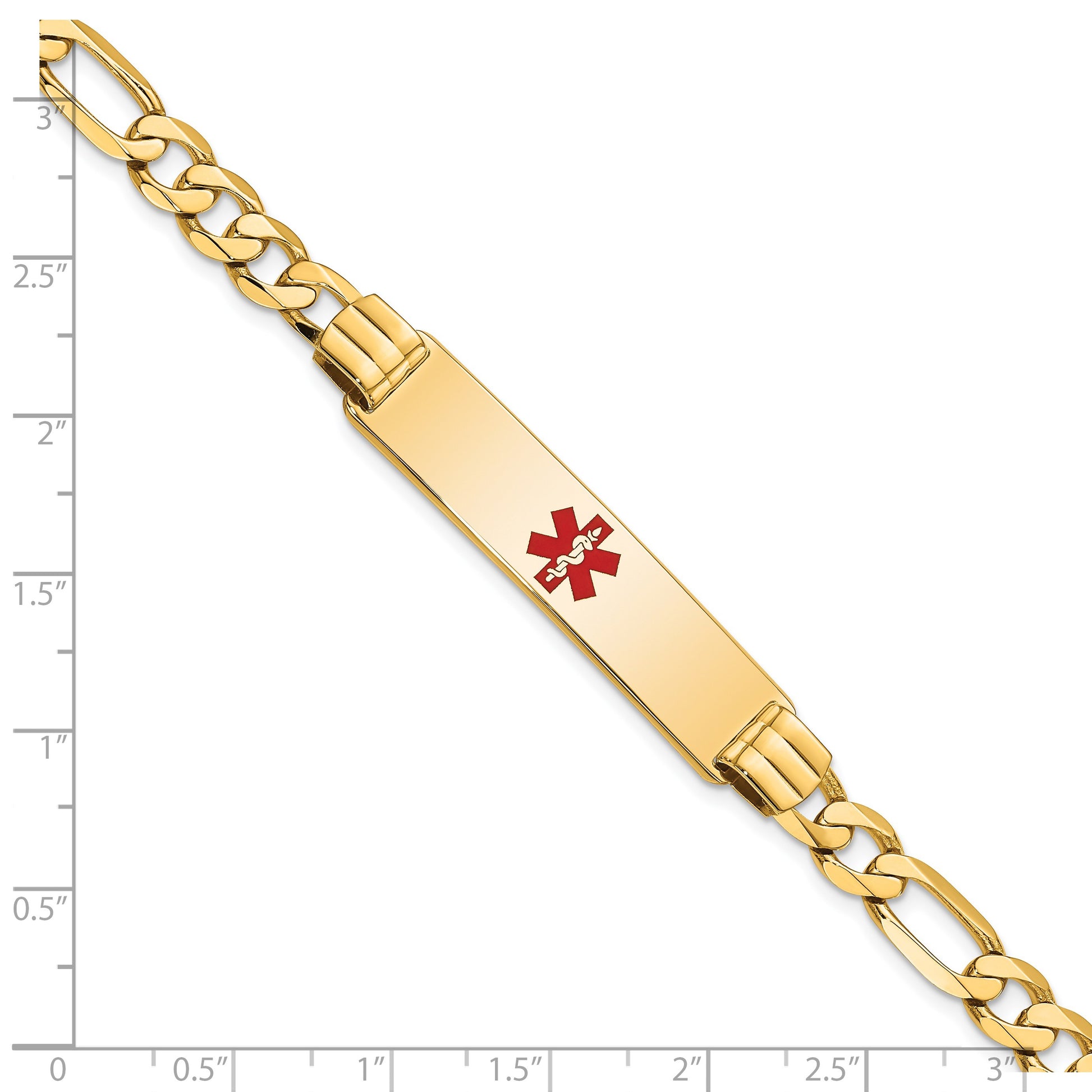 14K Medical Solid Chain/Solid Plate 40x10mm Centered Red Enamel Flat Figaro Link 8 inch ID Bracelet