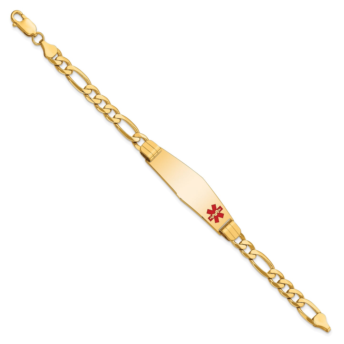 14K Medical Solid Chain/Solid Plate Soft Diamond Shape 39x12mm Off-Center Red Enamel Flat Figaro Link 8 inch ID Bracelet