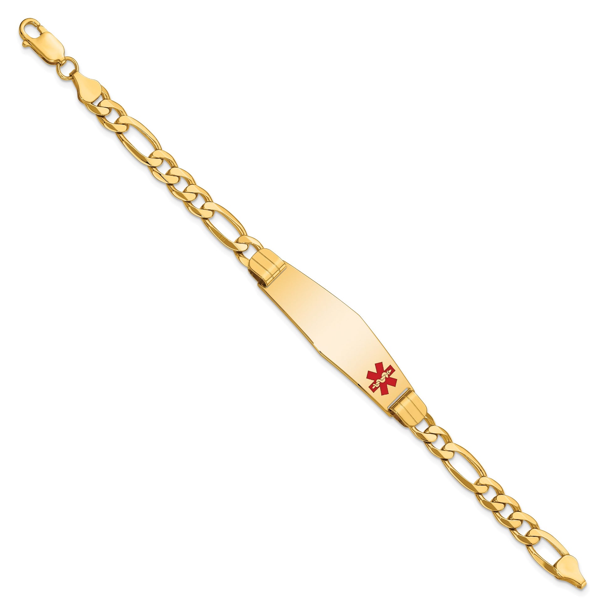 14K Medical Solid Chain/Solid Plate Soft Diamond Shape 39x12mm Off-Center Red Enamel Flat Figaro Link 8 inch ID Bracelet