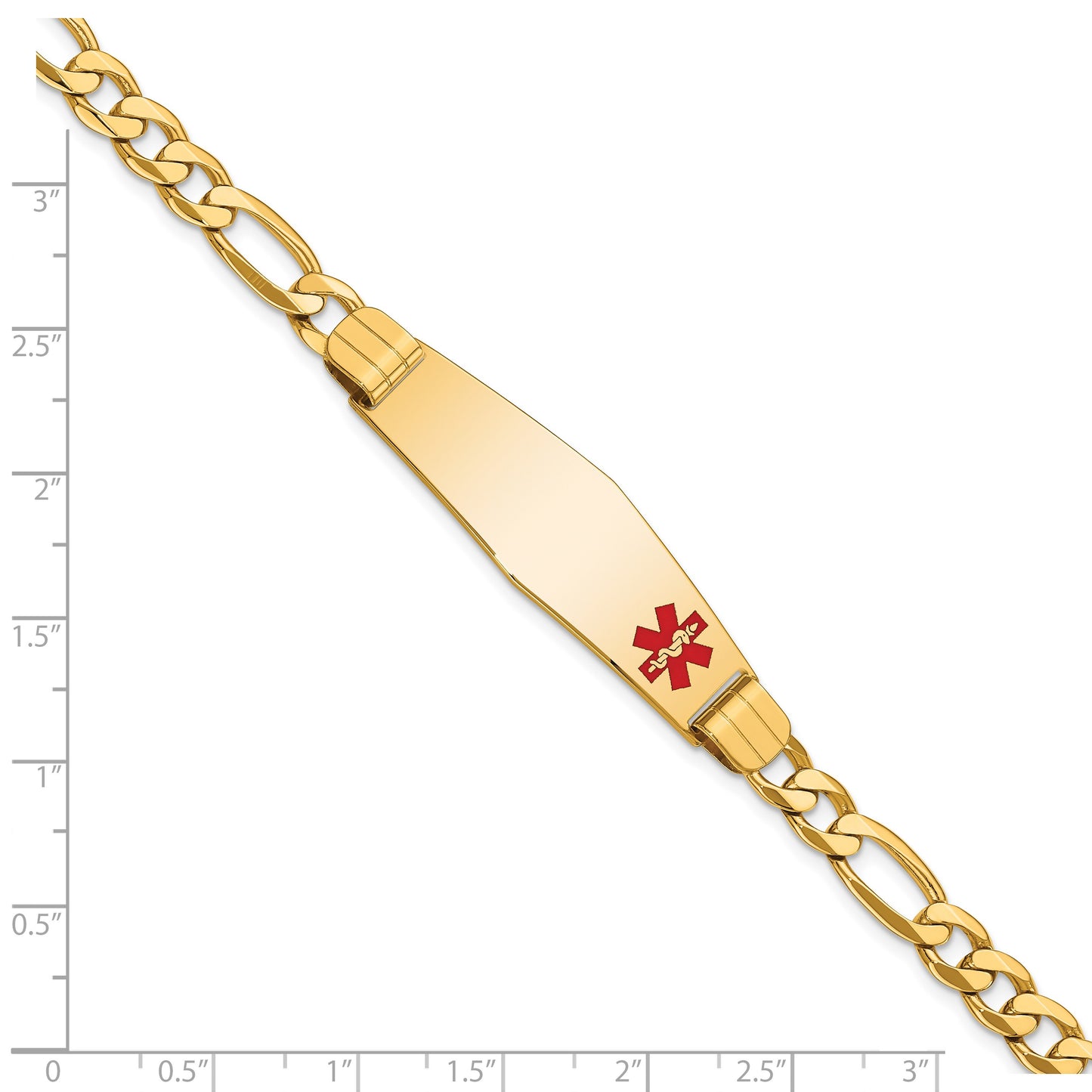 14K Medical Solid Chain/Solid Plate Soft Diamond Shape 39x12mm Off-Center Red Enamel Flat Figaro Link 8 inch ID Bracelet