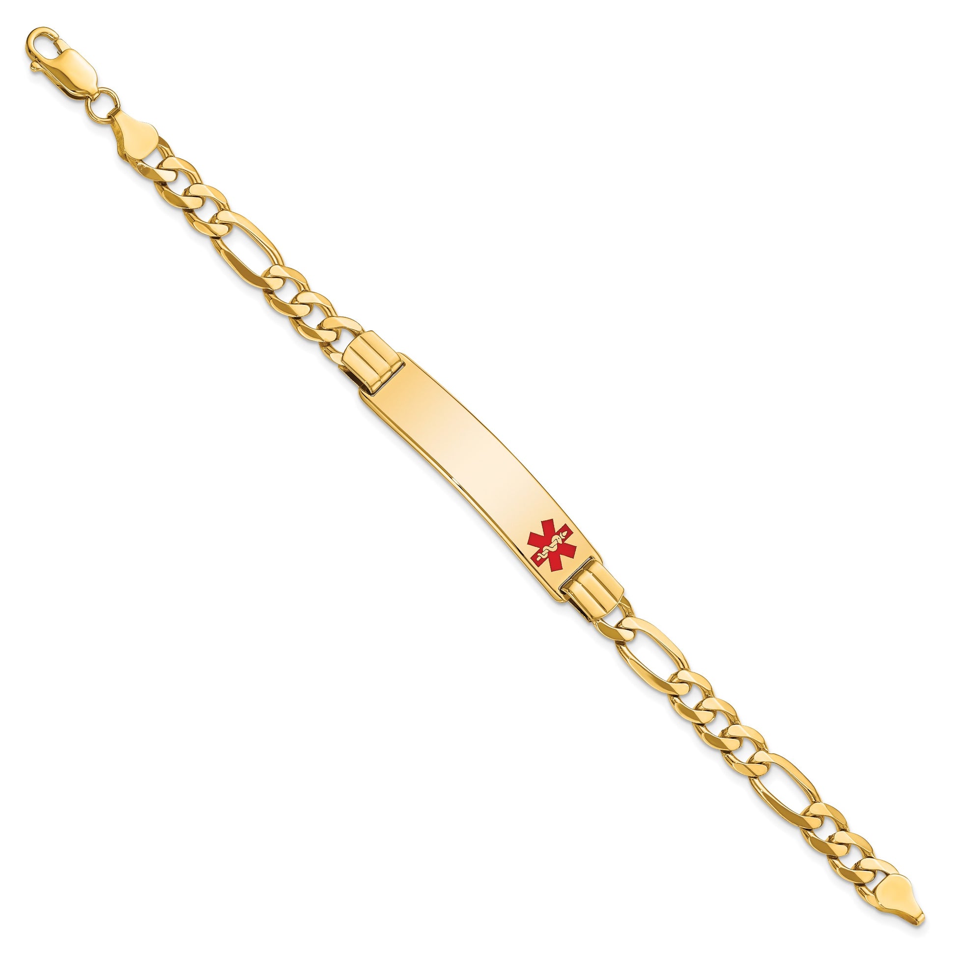 14K Medical Solid Chain/Solid Plate 40x10mm Off-Center Red Enamel Flat Figaro Link 8 inch ID Bracelet