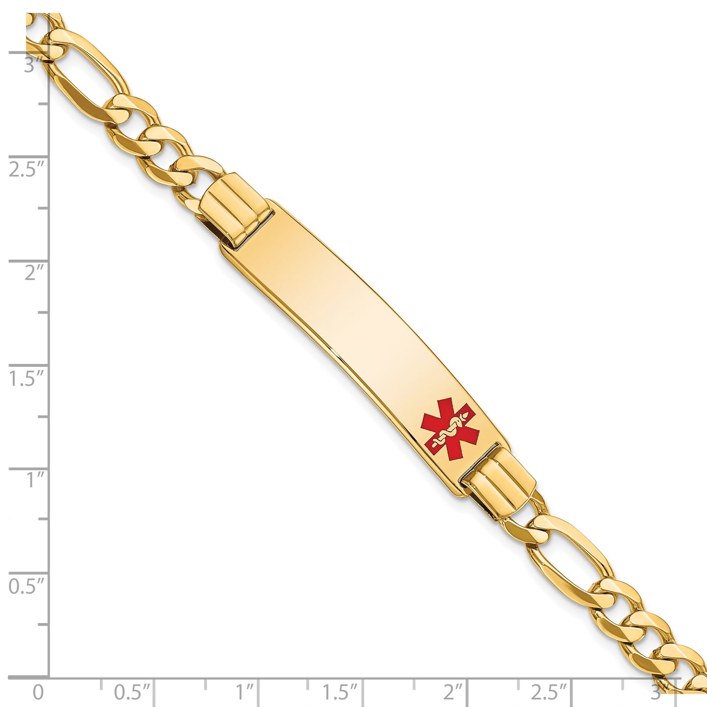 14K Medical Solid Chain/Solid Plate 40x10mm Off-Center Red Enamel Flat Figaro Link 8 inch ID Bracelet