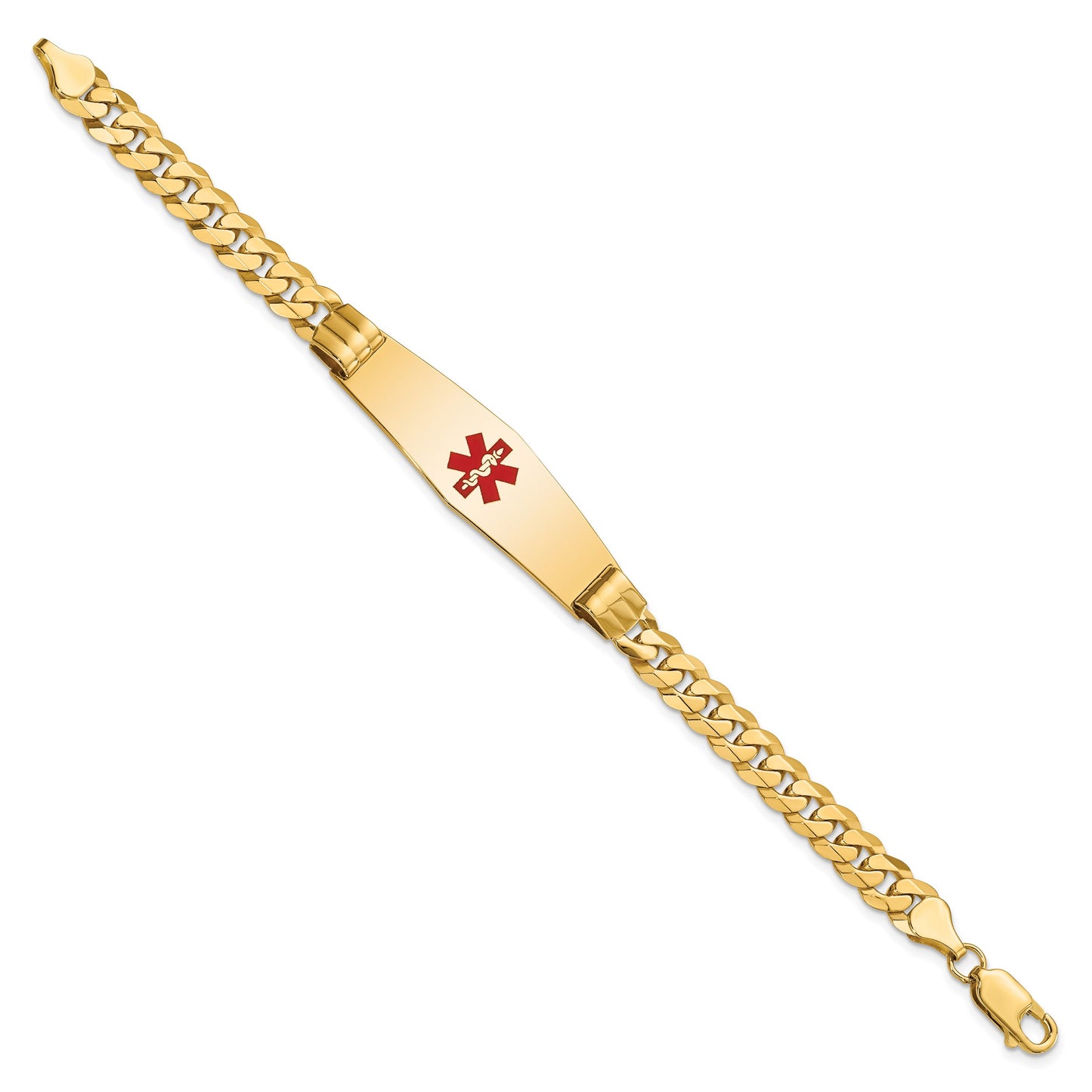 14K Medical Solid Chain/Solid Plate Soft Diamond Shape 40x12mm Centered Red Enamel Curb Link 8 inch ID Bracelet