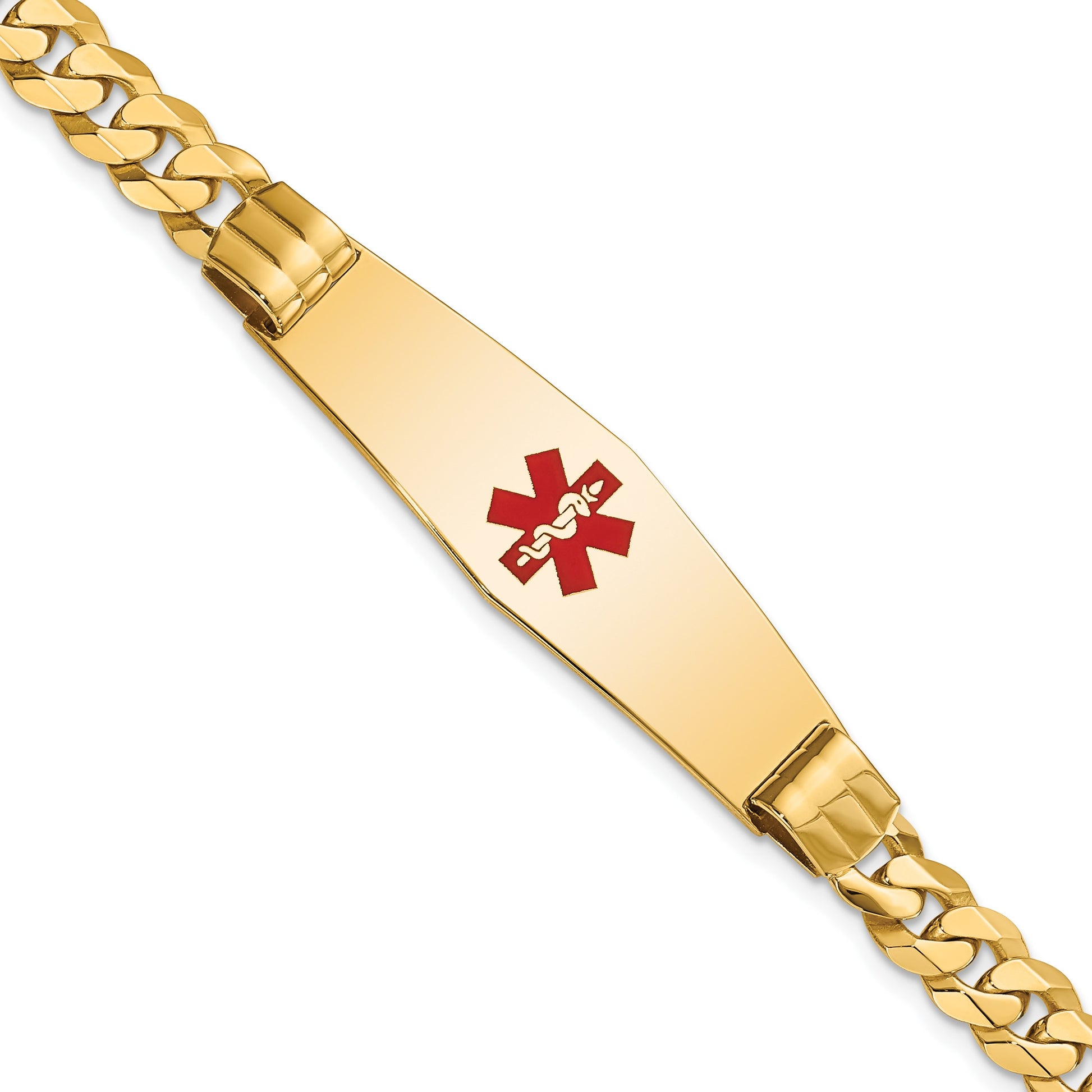 14K Medical Solid Chain/Solid Plate Soft Diamond Shape 40x12mm Centered Red Enamel Curb Link 8 inch ID Bracelet