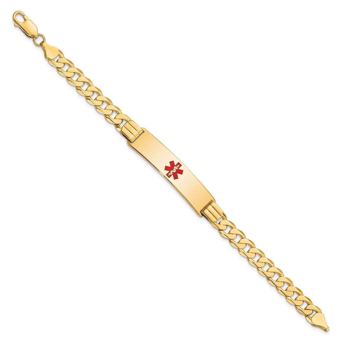 14K Medical Solid Chain/Solid Plate 40x10mm Centered Red Enamel Curb Link 8 inch ID Bracelet