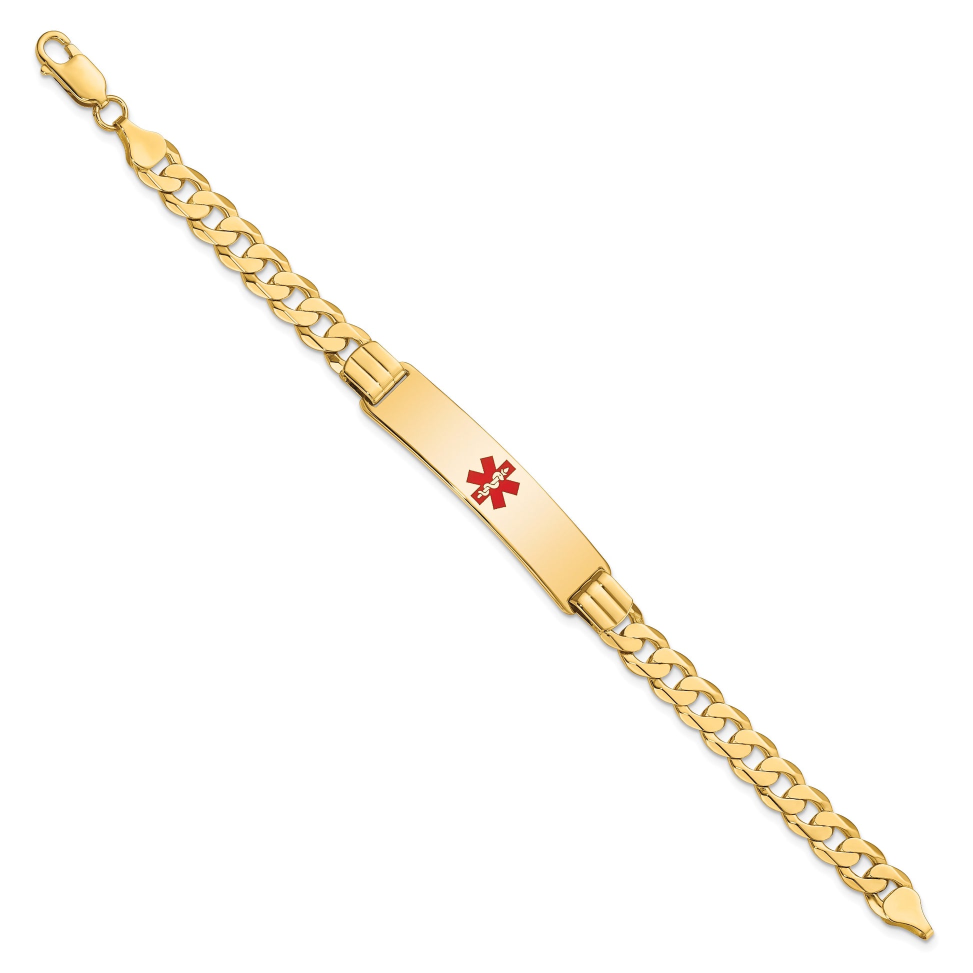 14K Medical Solid Chain/Solid Plate 40x10mm Centered Red Enamel Curb Link 8 inch ID Bracelet