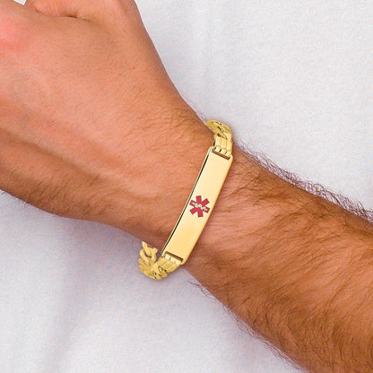 14K Medical Solid Chain/Solid Plate 40x10mm Centered Red Enamel Curb Link 8 inch ID Bracelet