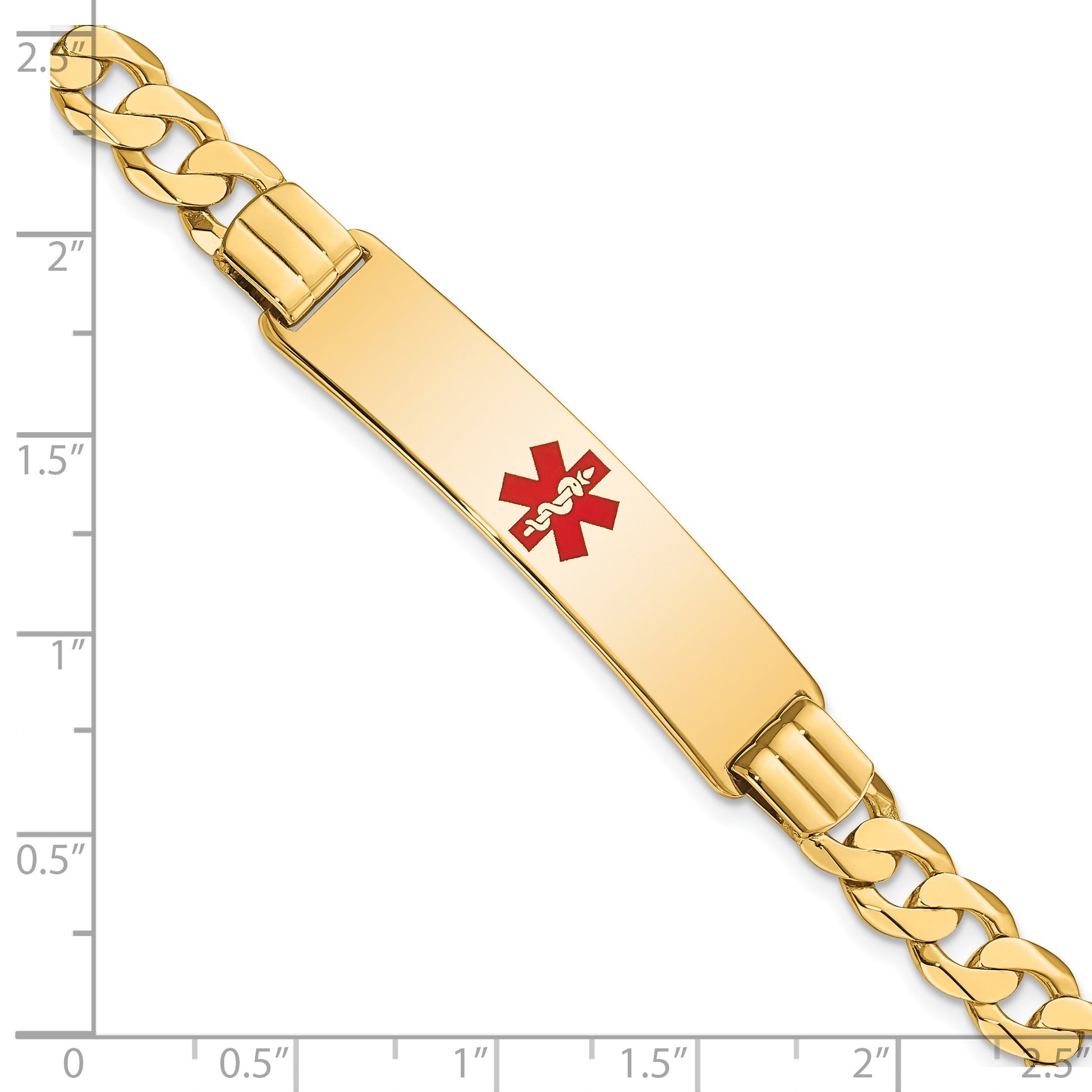 14K Medical Solid Chain/Solid Plate 40x10mm Centered Red Enamel Curb Link 8 inch ID Bracelet