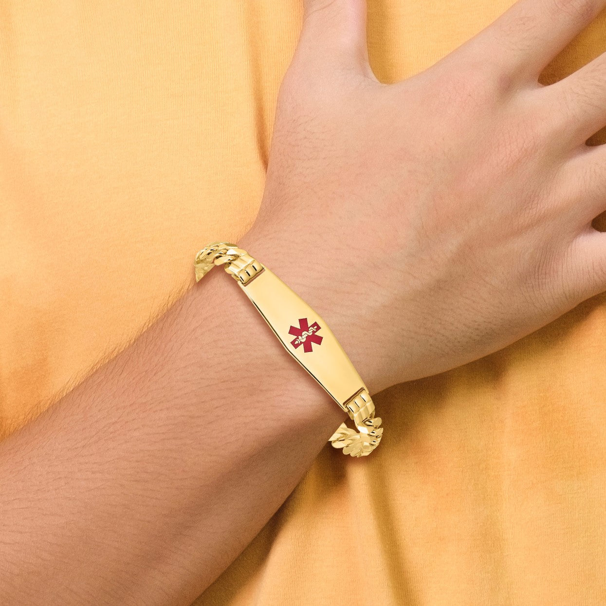 14K Medical Solid Chain/Solid Plate Soft Diamond Shape 40x12mm Centered Red Enamel Flat Curb Link 8 inch ID Bracelet