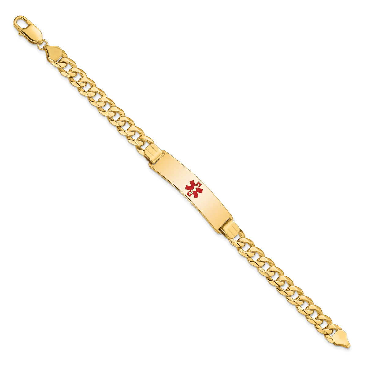 14K Medical Solid Chain/Solid Plate 40x10mm Centered Red Enamel Flat Curb Link 8 inch ID Bracelet