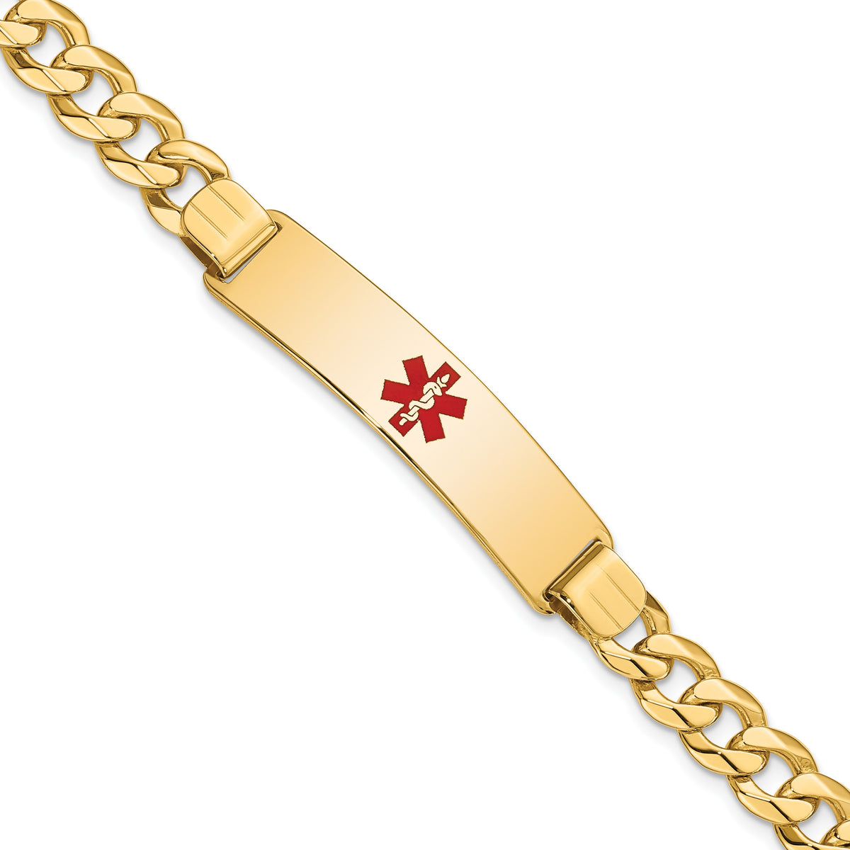 14K Medical Solid Chain/Solid Plate 40x10mm Centered Red Enamel Flat Curb Link 8 inch ID Bracelet