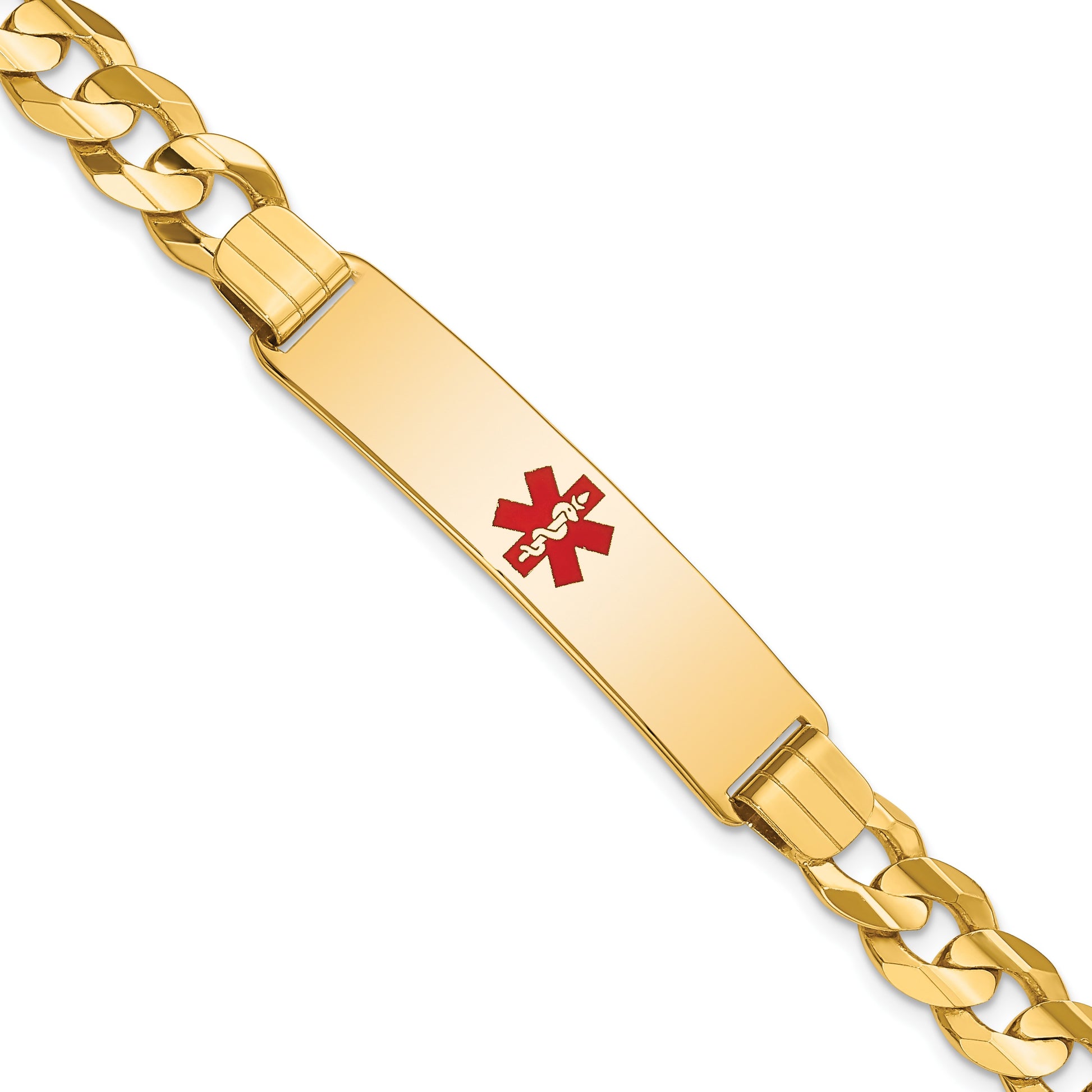 14K Medical Solid Chain/Solid Plate 40x10mm Centered Red Enamel Curb Link 8 inch ID Bracelet