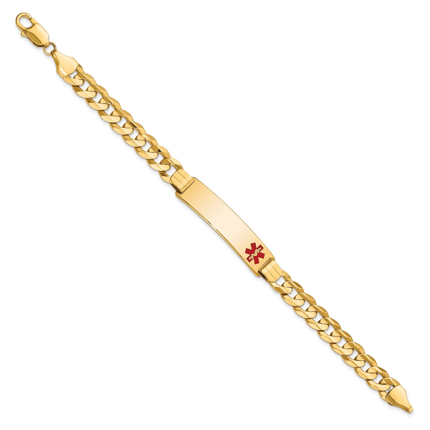 14K Medical Solid Chain/Solid Plate 40x10mm Off-Center Red Enamel Curb Link 8 inch ID Bracelet