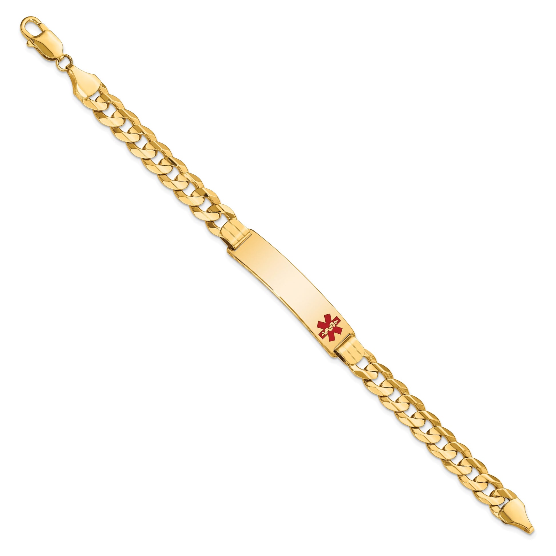 14K Medical Solid Chain/Solid Plate 40x10mm Off-Center Red Enamel Curb Link 8 inch ID Bracelet