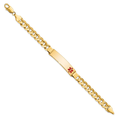 14K Medical Solid Chain/Solid Plate 40x10mm Off-Center Red Enamel Curb Link 8 inch ID Bracelet