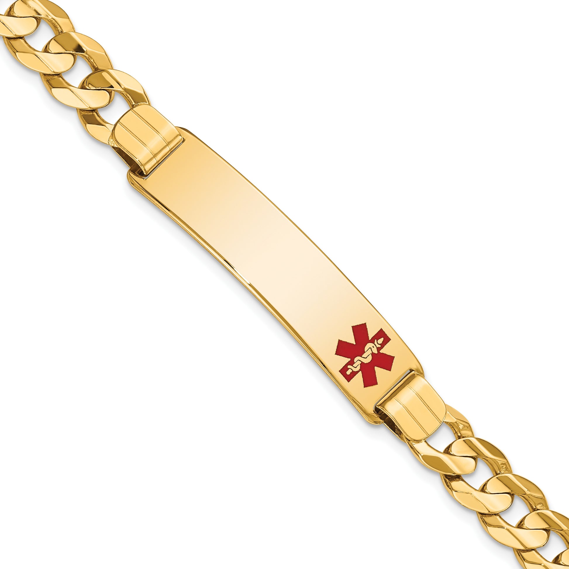 14K Medical Solid Chain/Solid Plate 40x10mm Off-Center Red Enamel Curb Link 8 inch ID Bracelet