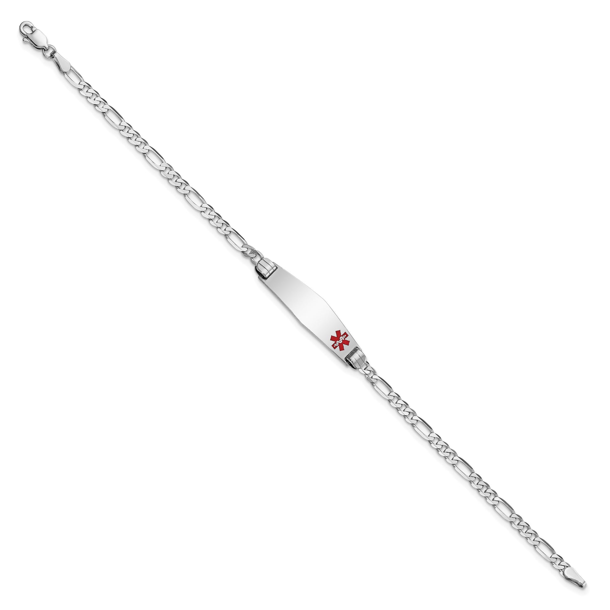 14K White Gold Medical Solid Chain/Solid Plate 26x7mm Soft Diamond Shape Off-Center Red Enamel Figaro Link 8 inch ID Bracelet