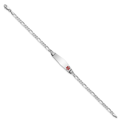 14K White Gold Medical Solid Chain/Solid Plate 26x7mm Soft Diamond Shape Off-Center Red Enamel Figaro Link 8 inch ID Bracelet